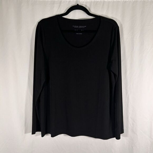 Susan Graver Blouse Women's Medium Solid Black Long Sleeve Round Neck - Picture 1 of 6